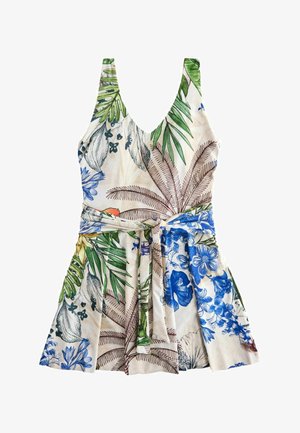 TALL FIT - SHAPING TUMMY CONTROL SKIRTED SWIM DRESS . - Accessoire de plage - cream navy parrot print