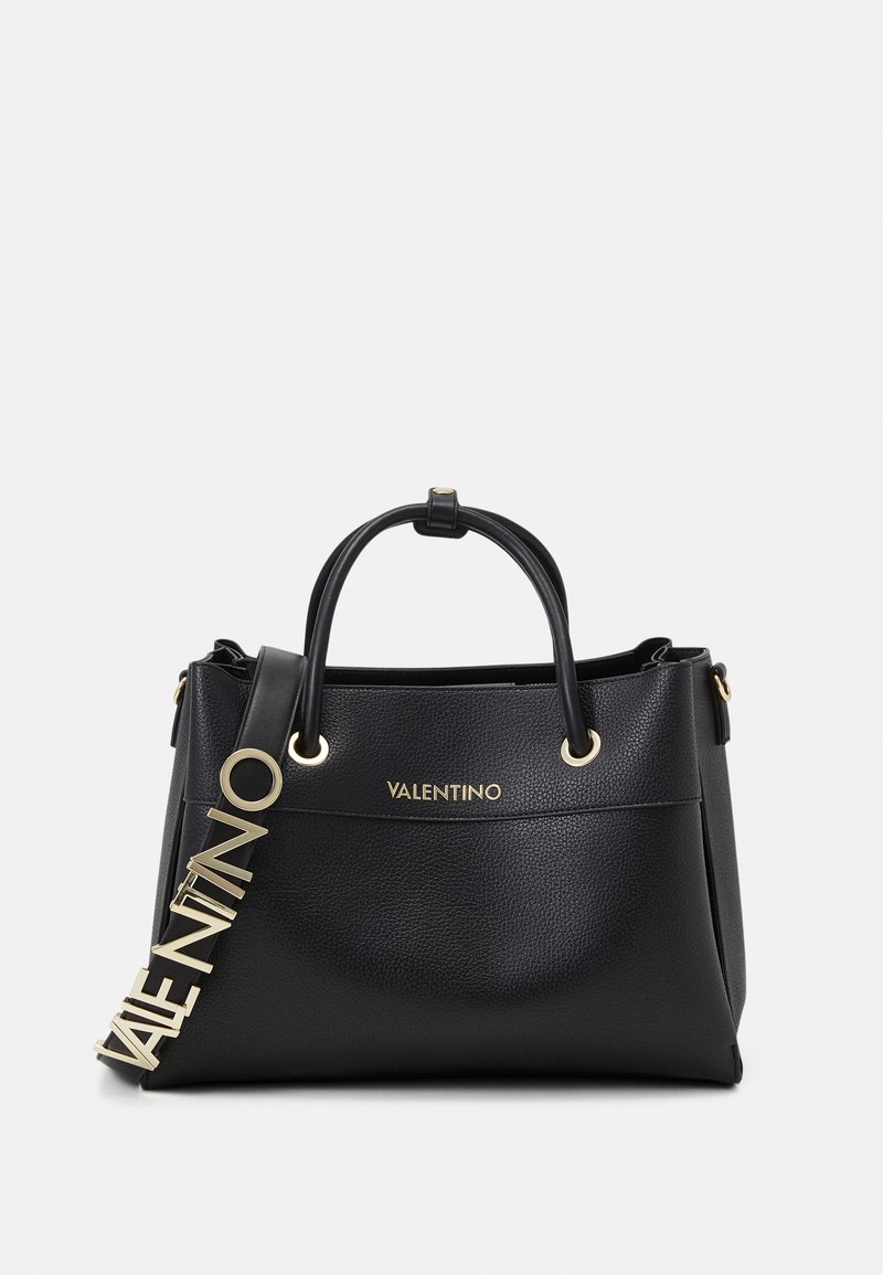 Black textured leather Valentino handbag with dual handles and a detachable strap featuring large gold Valentino letters.