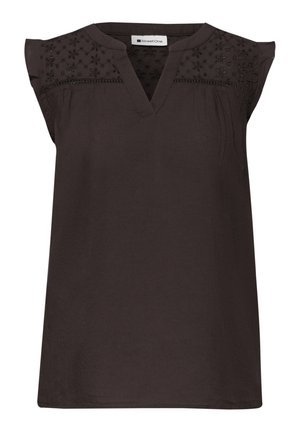 Dunkelbraune ärmellose Bluse mit V-Ausschnitt, floralen Spitzen-Details über der oberen Brust und den Schultern sowie dezenten Falten unter der Spitze.