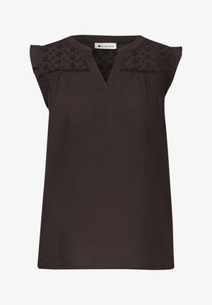 Dunkelbraune ärmellose Bluse mit V-Ausschnitt, floralen Spitzen-Details über der oberen Brust und den Schultern sowie dezenten Falten unter der Spitze.