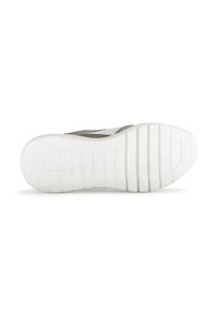 Gray sneaker with a textured fabric upper and a white rubber sole featuring horizontal grooves for traction. Branding on the sole.