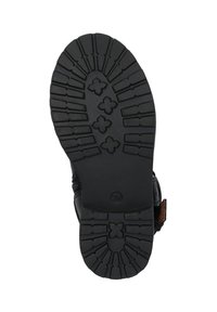 Zwarte rubberen zool met diepe noppen en kruispatronen, voorzien van een houten accent aan de zijkant en een gebogen vorm voor verbeterde grip.