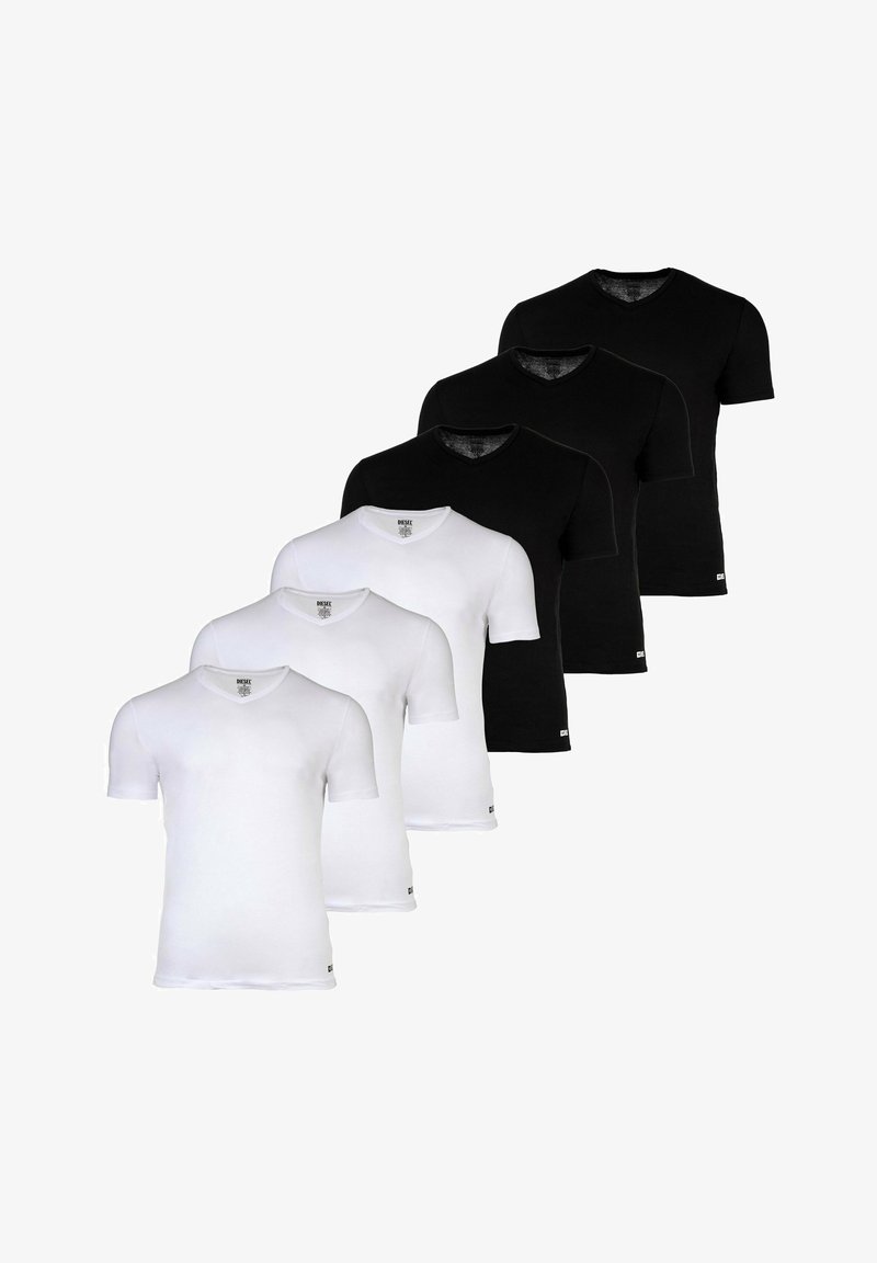 Paquet de six t-shirts de couleurs noires et blanches en alternance, avec des manches courtes et un design à col en V, fabriqués en tissu de coton doux.