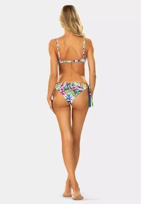 Kolorowy stanik bikini z cienkimi ramiączkami, z wiązanym dołem, w mieszance różowego, zielonego i niebieskiego w żywym wzorze. Miły w dotyku, elastyczny materiał.