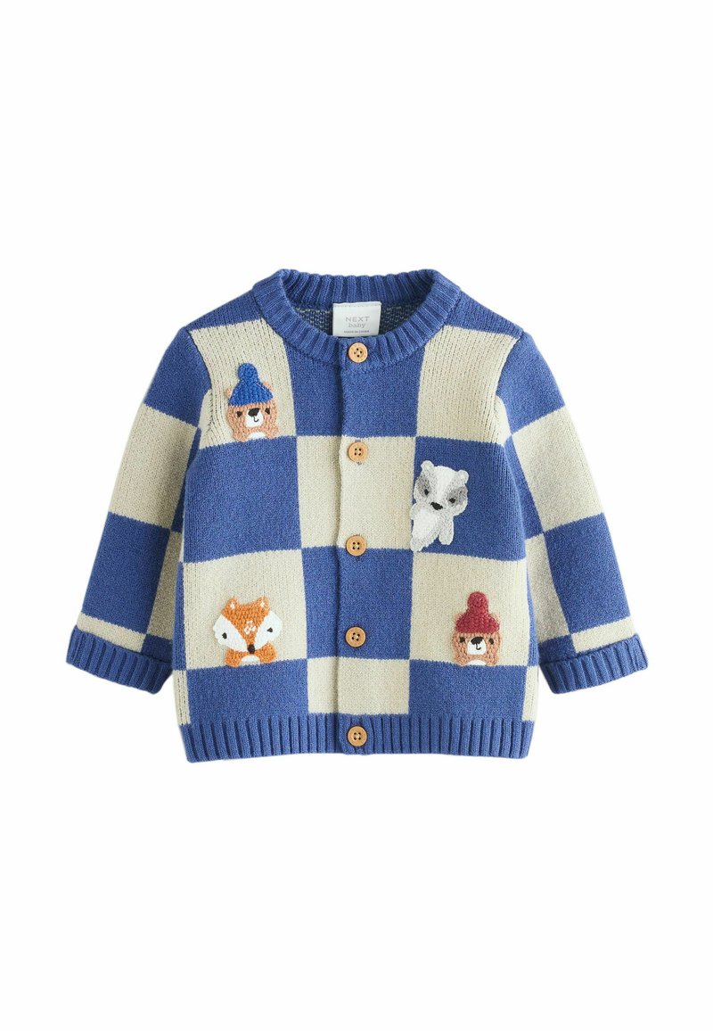 Blue and cream checkered baby cardigan with wooden buttons, featuring embroidered bear, fox, and raccoon faces, some wearing hats.
