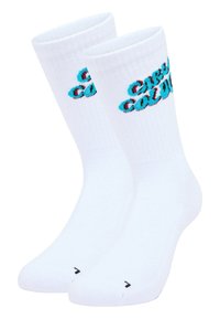 Witte katoenen sokken met een kleurrijk "Caddy Cool"-ontwerp in teal en rood aan de zijkanten. Geribbelde textuur met verstevigde teen.