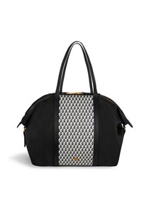 Čierna taška na rameno s dlhými rúčkami a centrálnym panelom s šedobielym geometrickým vzorom a zlatými zipsovými akcentmi.
