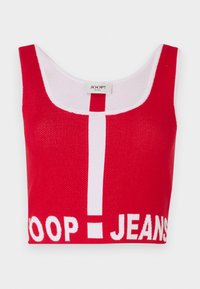 Rød crop topp laget av teksturert strikket stoff med hvite detaljer. Viser "JOOP! JEANS"-logoen og en sentral hvit vertikal stripe.