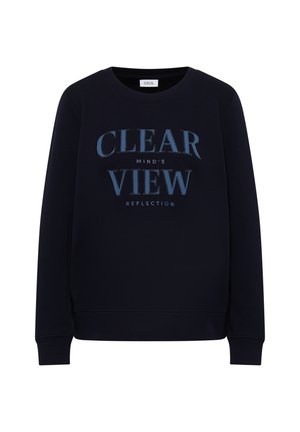 Sweatshirt bleu marine avec un col rond. Présente un texte imprimé : "REFLET DE VUE D'UN ESPRIT CLAIR" dans des tons de bleu. Poignets et ourlet côtelés.