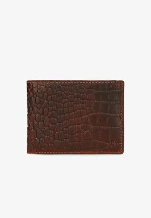Bruine leren portemonnee met een gestructureerd, krokodillenprint patroon. Voorzien van contrasterende stiksels en een subtiel logo detail in de onderste hoek.