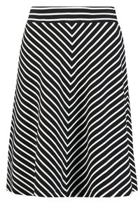 Jupe rayée noir et blanc avec un motif en chevron, fabriquée dans un tissu lisse avec une taille ajustée et un ourlet évasé.