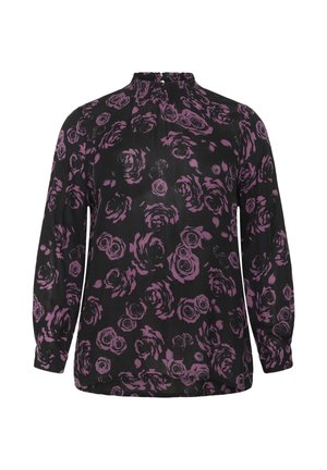 Bluză neagră cu mâneci lungi, model floral în nuanțe de mov și tonuri întunecate, guler înalt cu detalii pliate, țesătură ușoară.