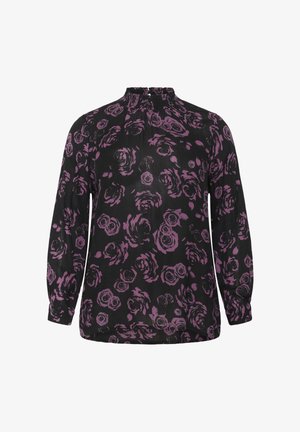 Black blouse with long sleeves, floral pattern in purple and dark shades, high neck with gathered detail, lightweight fabric.