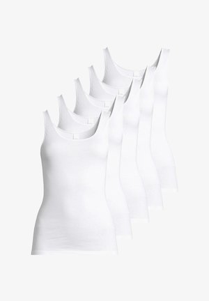 Zes witte, mouwloze katoenen tanktops in een rij gerangschikt, met een gladde textuur en een ronde halslijn zonder zichtbare patronen.