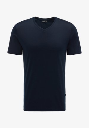 Marineblaues kurzärmeliges V-Ausschnitt-T-Shirt aus glattem, leichtem Stoff. Einfaches Design ohne Muster oder Verzierungen.