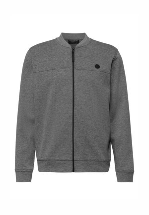 Grijze jas met ritssluiting, ronde kraag, lange mouwen en een borstzak. Gemaakt van zachte stof met een gladde textuur en minimale details.