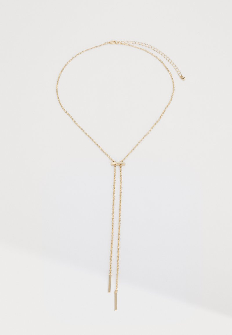 Goldene Halskette mit feiner Kette, die einen zentralen Balken und zwei hängende Stränge aufweist, alles in polierter Ausführung. Einfaches Design und leichtgewicht.