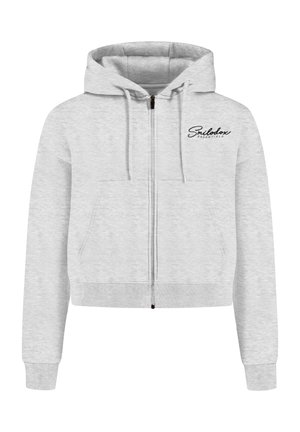 Light gray zip-up hoodie made of soft material, featuring a drawstring hood, kangaroo pockets, and embroidered logo on the chest.
