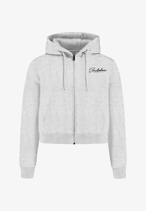 Light gray zip-up hoodie made of soft material, featuring a drawstring hood, kangaroo pockets, and embroidered logo on the chest.