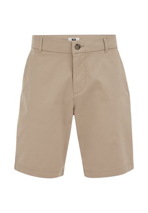 Pantalones cortos beige hasta la rodilla con cierre de botón y cremallera, trabillas para cinturón y dobladillo recto, mostrados sobre un fondo blanco.