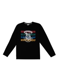 Felpa nera a maniche lunghe con scudetto di Hogwarts e testo colorato: "Grifondoro", "Serpeverde", "Corvonero" e "Tassorosso".
