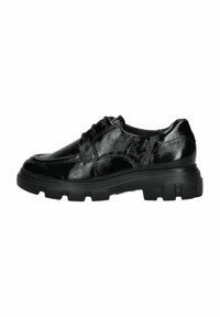 Scarpe nere in vernice con punta arrotondata, design lacciato e suola spessa in gomma. Texture liscia con una leggera lucentezza.