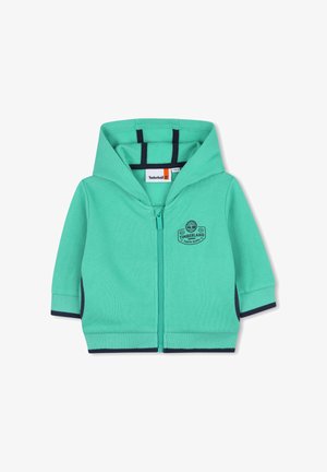 Hoodie zippé vert menthe avec un accent bleu marine sur les poignets et les côtés. Présente un logo sur la poitrine et est fabriqué en coton doux.