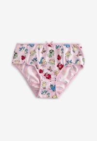 Mutande di cotone rosa con una sottile lucentezza, decorate con un motivo di personaggi dei cartoni animati, fiori e fiocchetti rosa lungo l'elastico.