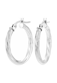 Pendientes de aro retorcido de plata con un acabado pulido, que presentan un cierre con bisagra y una forma cilíndrica suave.