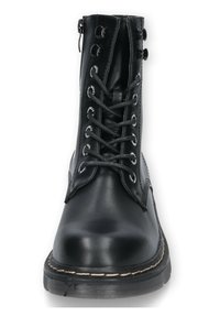 Botte de combat noire en cuir à lacets avec fermeture éclair latérale et semelle épaisse cousue, vue de face sur fond blanc.