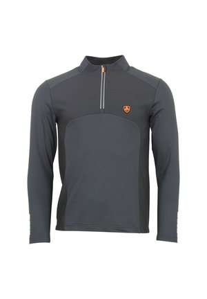 Pull-over à manches longues, gris foncé, avec demi-zip, panneaux d'épaule contrastants, logo orange et tissu texturé ; présente une coupe slim et un matériel minimal.