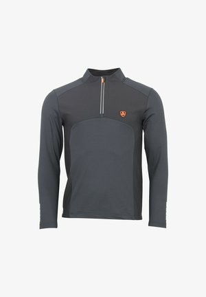 Pull-over à manches longues, gris foncé, avec demi-zip, panneaux d'épaule contrastants, logo orange et tissu texturé ; présente une coupe slim et un matériel minimal.