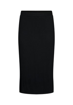 Black ribbed pencil skirt with a mid-length design, featuring an elastic waistband for a comfortable fit and a smooth texture.