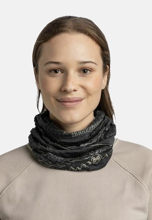 Black multifunctional neck gaiter featuring a mountain pattern and logo. Made of stretchy fabric, it is draped around the neck of a person.