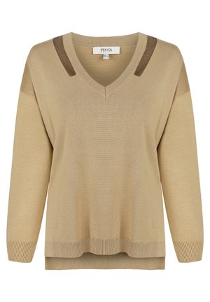 Beige v-neule, jossa on pitkät hihat, teksturoitu olka-akkentti, ribbireunukset hihansuissa ja helmassa, valmistettu pehmeästä, kevyestä materiaalista.