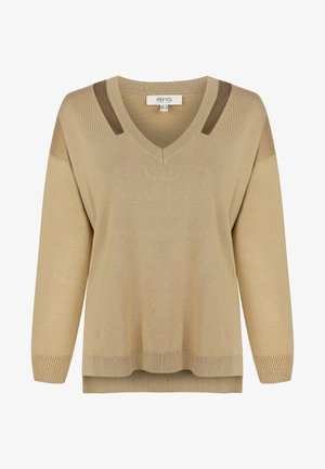 Beige v-neck sweater with long sleeves, textured shoulder accents, ribbed cuffs and hem, made from a soft, lightweight material.