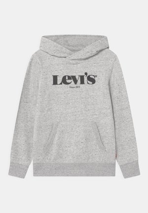 Felpa Levi's grigia chiara con tasca a marsupio frontale, polsini a costine e logo Levi's stampato in nero sul petto.