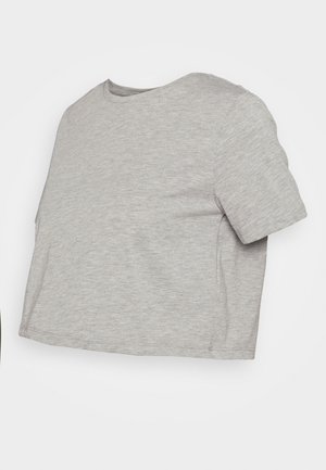 Camiseta cinza curta, feita de tecido suave, com um clássico decote redondo e mangas curtas, apresentando um design simples de cor sólida.