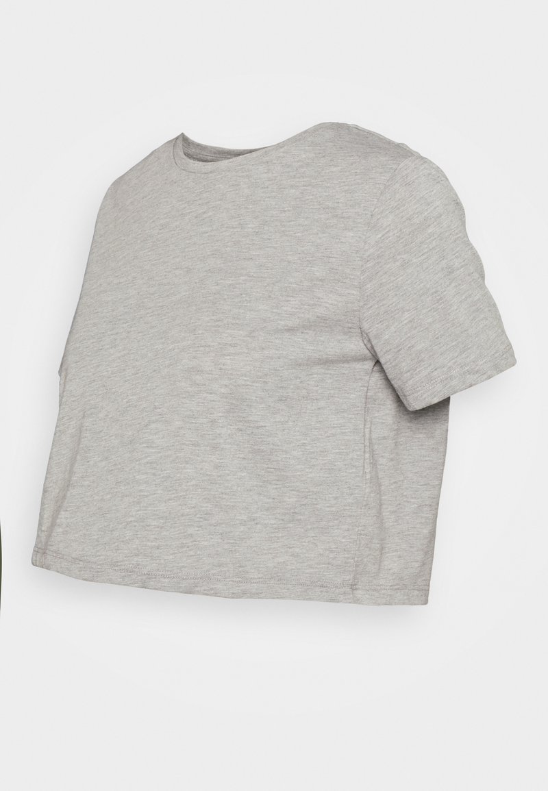 Camiseta cinza curta, feita de tecido suave, com um clássico decote redondo e mangas curtas, apresentando um design simples de cor sólida.