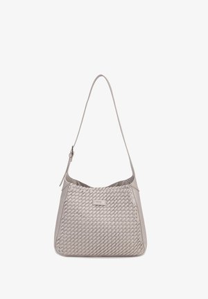 Borsa a tracolla grigio chiaro con pannello frontale intrecciato, tracolla regolabile e piccola targhetta rettangolare del marchio al centro.