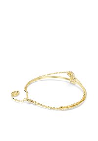 Gold bracelet featuring a chain design with a smooth band and a section adorned with clear crystals. Fastens with a lobster clasp.
