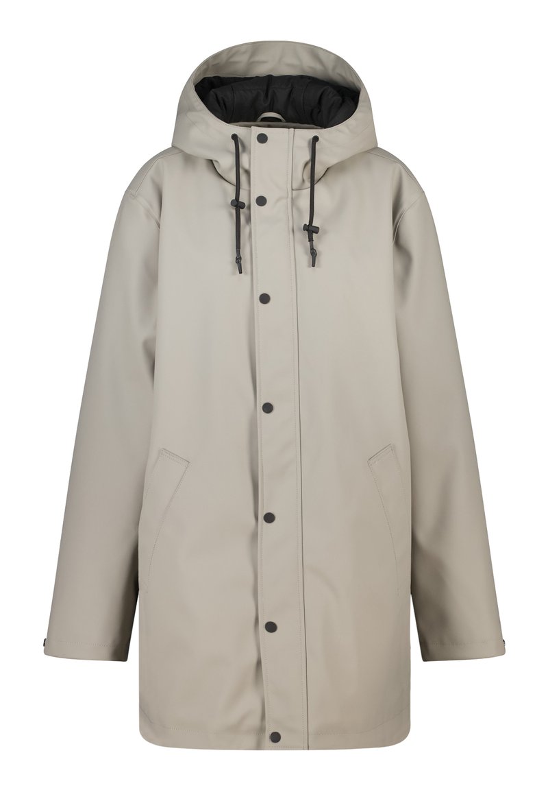 Imperméable beige à capuche avec boutons-pression à l'avant, cordons de serrage noirs réglables, manches longues et poches latérales.