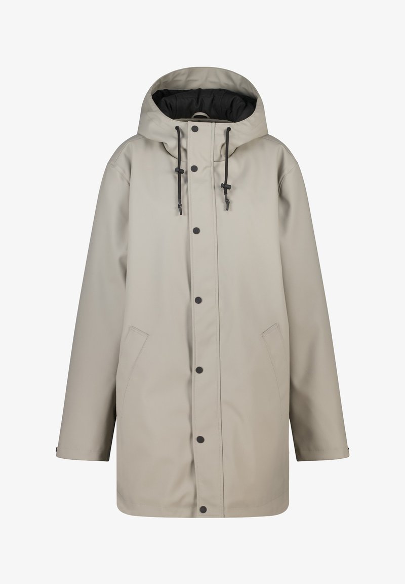 Beige sadevesi, etupainikkeilla, mustilla säädettävillä nyöreillä, pitkillä hihoilla ja sivutaskuilla.