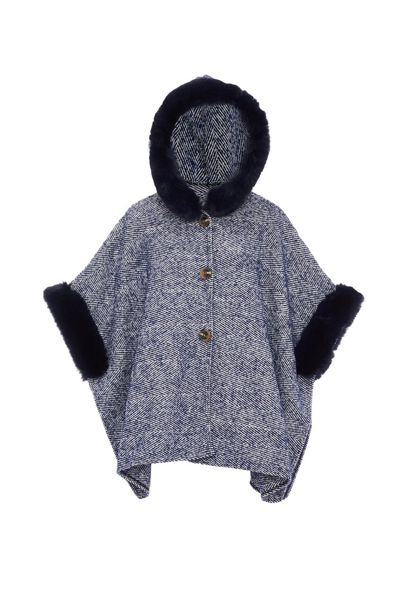 Marinblå herringboneponcho med huva och manschetter i faux fur, med tre knappar fram och en lös, flytande design.