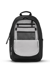 Zaino nero con accenti grigi, dotato di numerosi scomparti con zip, una tasca in rete e spallacci imbottiti per comfort e supporto.
