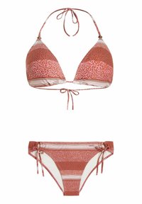 Rood en roze bikini set met een driehoekstop met dierenprint en gestreepte accenten; verstelbare striksluiting bij de nek en rug, bijpassende verstelbare onderkant.