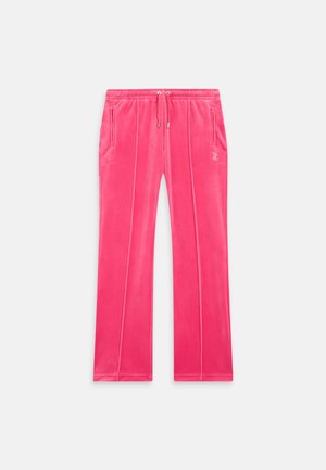 Pantaloni lounge in velluto rosa con fascia in vita regolabile, tasche laterali, cuciture verticali e un sottile dettaglio logo sul davanti.