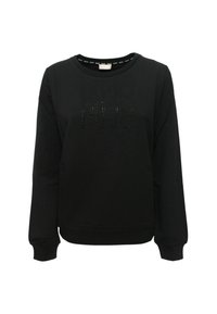 Schwarzer Pullover mit rundem Ausschnitt, langen Ärmeln und einem texturierten, glänzenden Design auf der Vorderseite mit erhabenen Buchstaben und Akzenten.