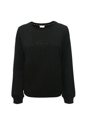 Felpa nera con scollo rotondo, maniche lunghe e design frontale testurizzato e lucido con lettere in rilievo e dettagli.