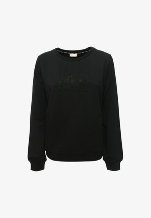 Felpa nera con scollo rotondo, maniche lunghe e design frontale testurizzato e lucido con lettere in rilievo e dettagli.